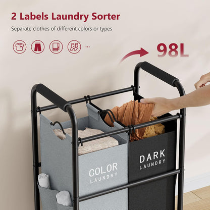 2 Bag Laundry Sorter Cart, Black & Grey | 50lbs Large Capacity, Removable Laundry Bags, Heavy Duty Lockable Rolling Wheels, Laundry Hamper Basket for Clothes Storage