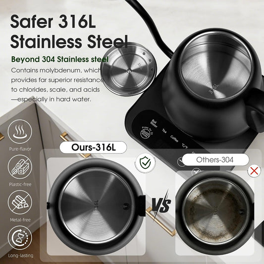 Gooseneck Electric Kettle Temperature Control: 316L Stainless Steel Inner | ±1℉ Precision, Pour Over Kettle for Coffee & Tea, 1000W Quick Heating, Auto Shut-Off & Boil-Dry Protection, 0.8L/27oz