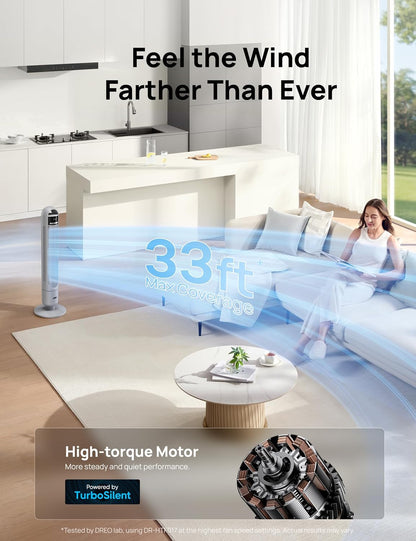DREO Tower Fan for Bedroom, 26ft/s Velocity, 90° Oscillating, 8H Timer | 4 Speeds, 3 Modes, 28dB Quiet Standing Fan, Floor Fan for Room, Living Room, Office, Home, Cooling Fan with Remote, Black