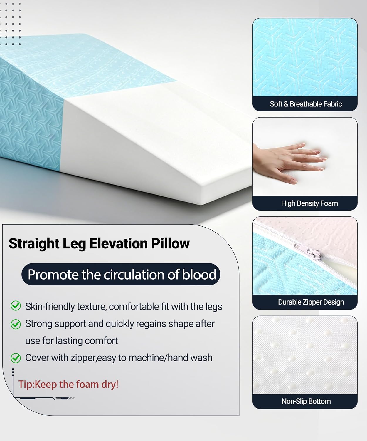 Knee Surgery Pillow Straight Double Leg for Swelling & Blood Circulation | ACL Surgery, Full Knee Replacement Wedge Pillow, High Density Foam Wedge for Elevating Leg with Removable Cover
