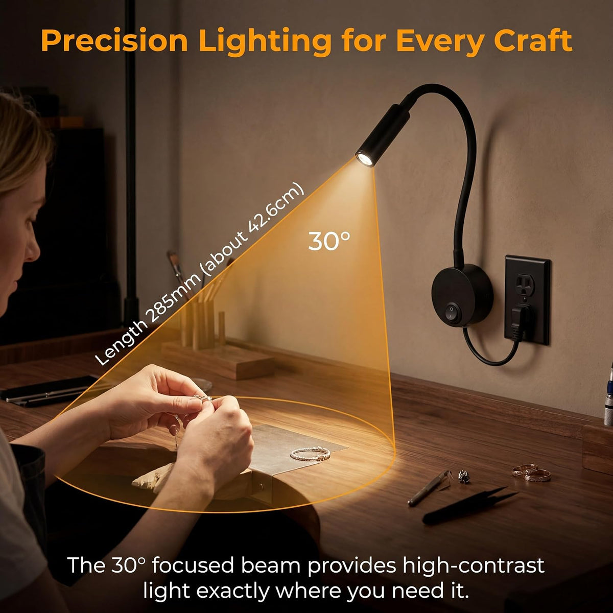 Wall Mounted LED Reading Lamp Focused 25° Spotlight for Bedroom headboard Marine Cabin Boat Yacht Interior Light Hotel Suite Hospital Patient Room Bedside Sconce 4.92ft Cord