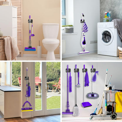 Stainless Steel Broom Holder, Heavy Duty, Rust Resistant, 4 Gripper Positions with 4 Hooks, Black | Drill-Mounted Gripper Rack Holds Brooms, Mops and Garden Tools Safely in the Laundry Room, Kitchen, Garage, Garden and Shed