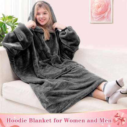 Wearable Blanket Sweatshirt Gifts for Women and Men, Warm and Cozy Giant Blanket Hoodie, Thick Flannel Blanket with Sleeves and Giant Pocket - Dark Gray