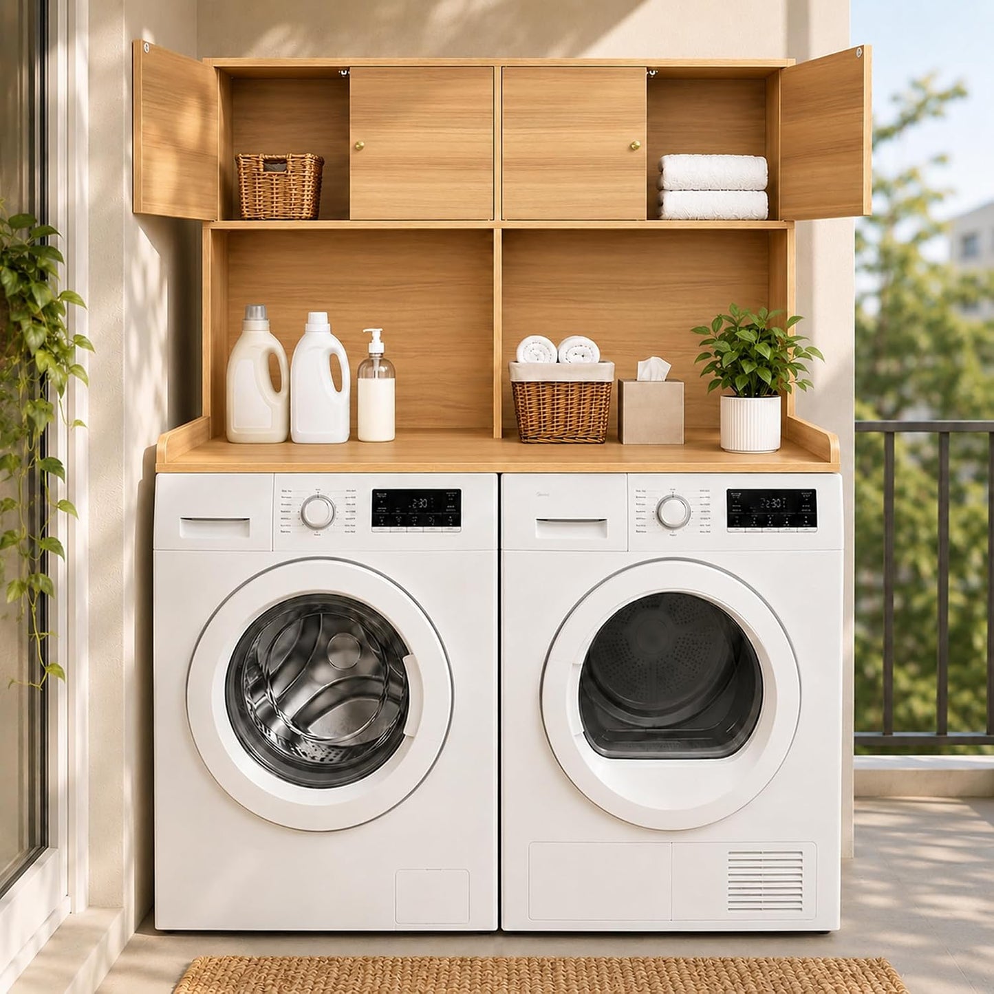 Washer Dryer Countertop with Cabinets, 2-Tier Laundry Countertop with Shelf | Washer and Dryer Topper with Edge, Over Washer and Dryer Shelves for Laundry Room, Universal Fit, 54.5"Wx27.5"Dx32.5"H