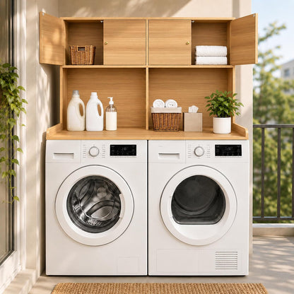 Washer Dryer Countertop with Cabinets, 2-Tier Laundry Countertop with Shelf | Washer and Dryer Topper with Edge, Over Washer and Dryer Shelves for Laundry Room, Universal Fit, 54.5"Wx27.5"Dx32.5"H