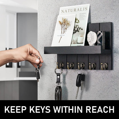 Rebee Vision Key Holder Wall Mount with 5 Key Hooks for Home Decor, Brown | 3.54'' x 10'' x 7.28'', Small Shelf for Display Plant, Key Hangers for Hat, Entryway Space-Saving Storage