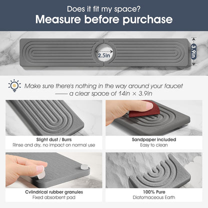 Quick Drying Stone Faucet Mat for Kitchen Sink - Diatomite Sink Mat Absorbing Stone Tray for Bathroom Counter, Sink Faucet Splash Guard Water Protector Matt for Kitchen Counter(White, 14" x 3.9")