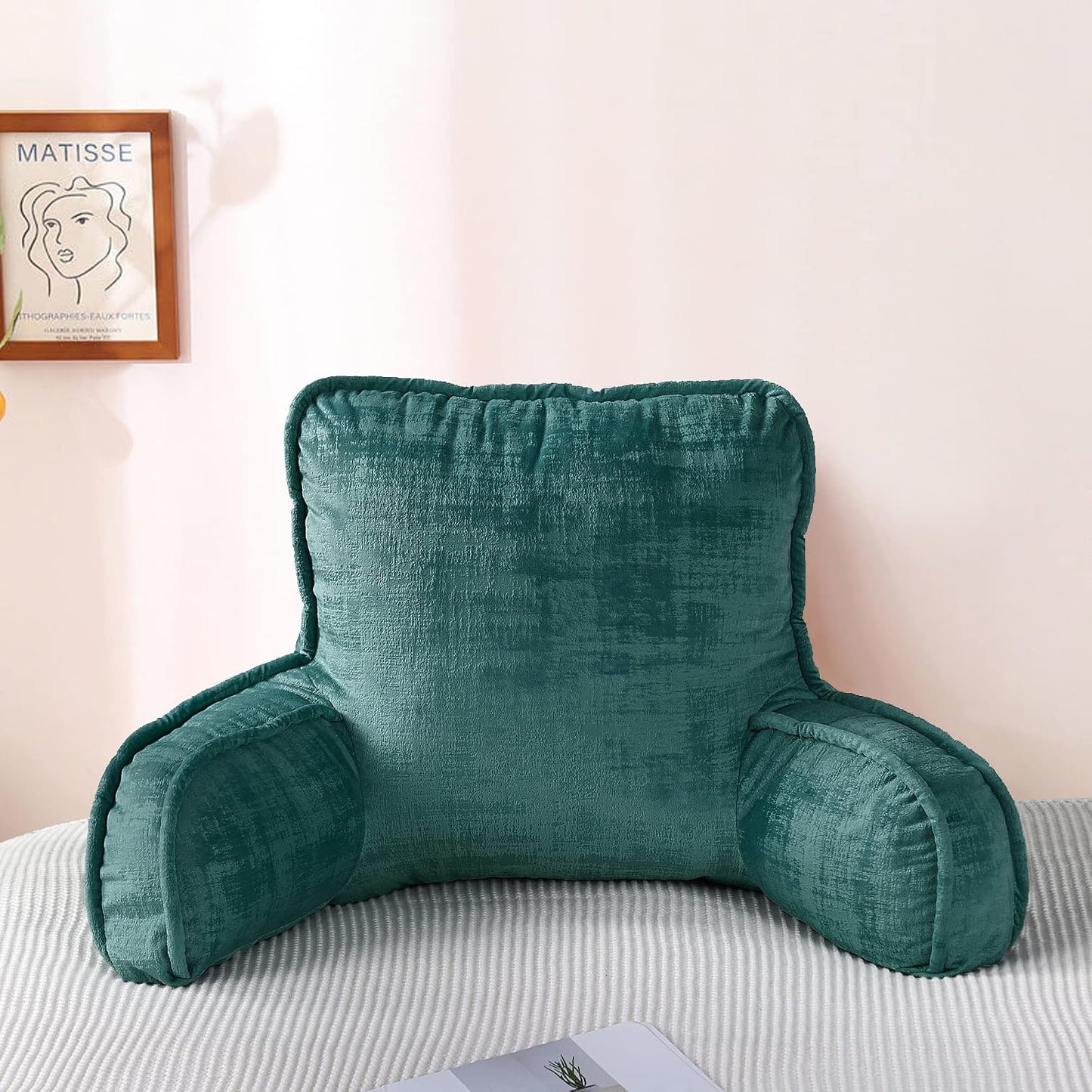 DIY Assembly Art Velvet Backrest Reading Bed Rest Pillow with Arms & Pockets, 18" H for Sitting in Bed Couch Sofa, Back Support Cushion with Removable Cover, 20"x18"x17", Aqua