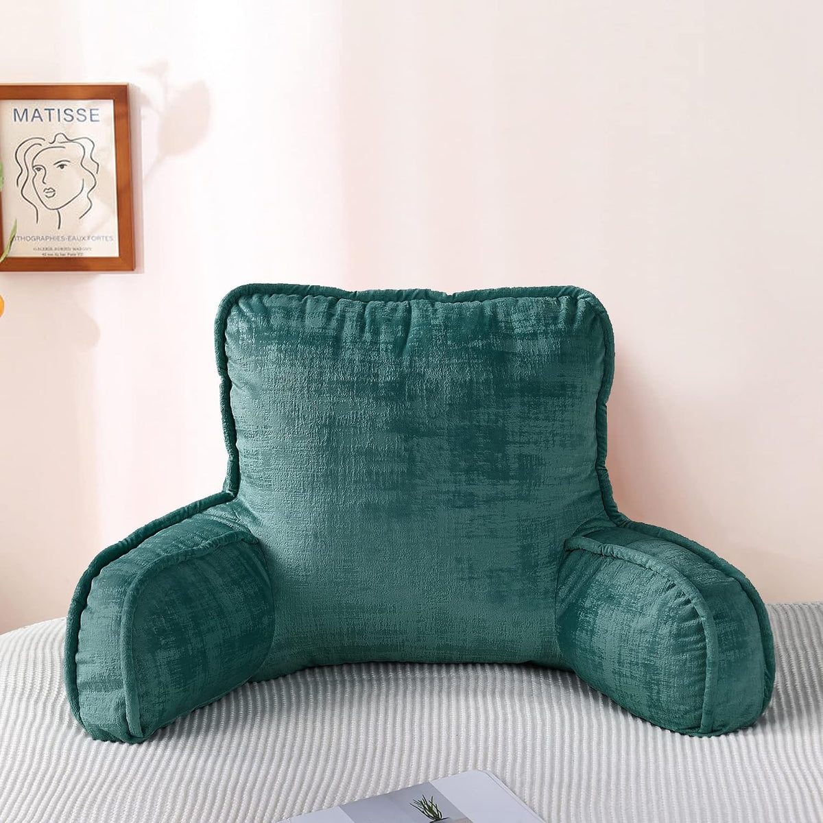 DIY Assembly Art Velvet Backrest Reading Bed Rest Pillow with Arms & Pockets, 18" H for Sitting in Bed Couch Sofa, Back Support Cushion with Removable Cover, 20"x18"x17", Aqua
