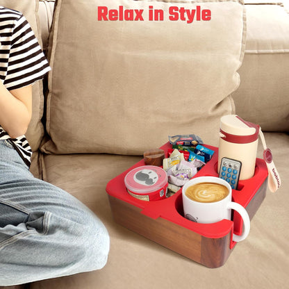 Couch Cup Holder Tray, Real Acacia Wooden Caddy with Soft Silicone, Snack and Drink Organizer- Perfect Movie Night Accessories for Bed, Remote and Cup Holders for Sofa (Black)