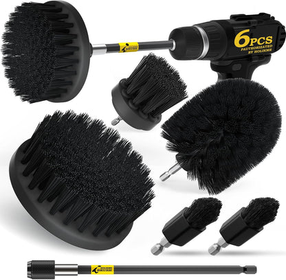 Holikme 6Pc Drill Brush Set - Soft Bristles with Extension for Home Clean | 5 Head Sizes, Yellow Nylon Fibers, Power Scrubber Attachments for Tile, Tub, Shower, Floors, Kitchen and Auto Interior Care