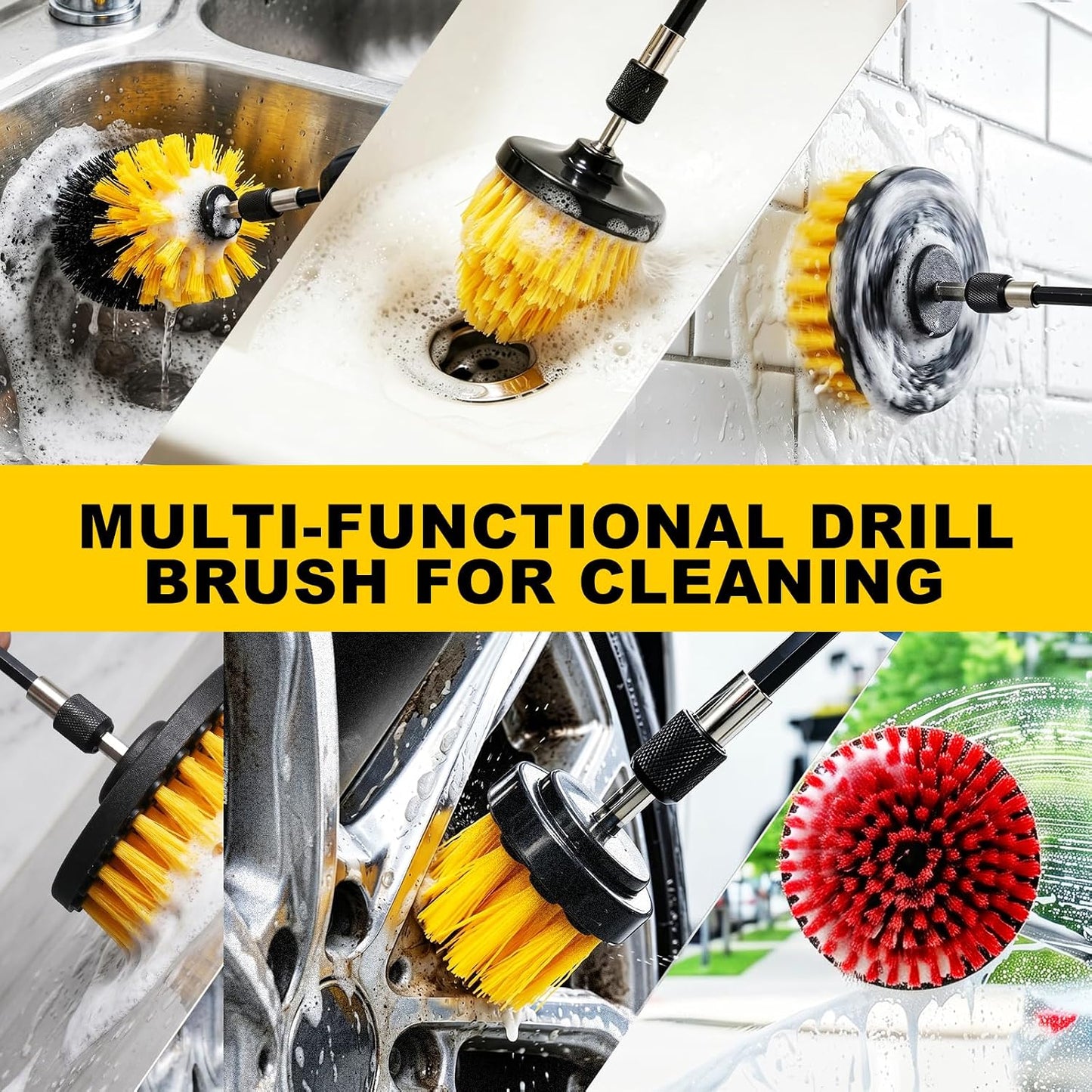 6Pcs Drill Brush Cleaning Kit with Extendable Rod, Yellow | Power Scrubber Attachments, For Shower, Tub, Tile, Grout, For Kitchen and Car