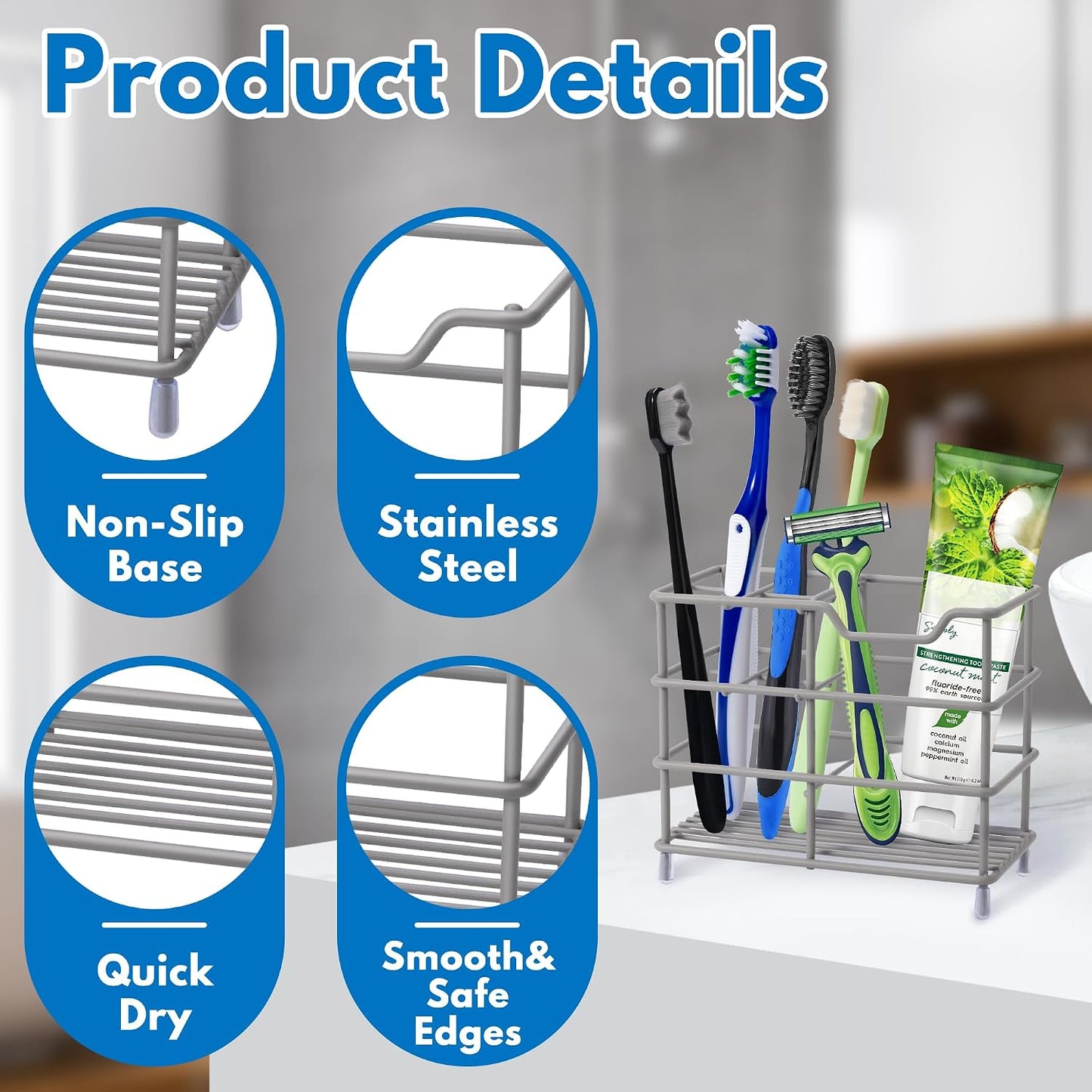 Electric Toothbrush Holders for Bathrooms 304 Stainless Steel Quick Drying | Upgrade Heavy Duty Sturdy Durable Toothpaste Holder Bathroom Organizer Storage Decor Accessories Tooth Brush Holder Caddy