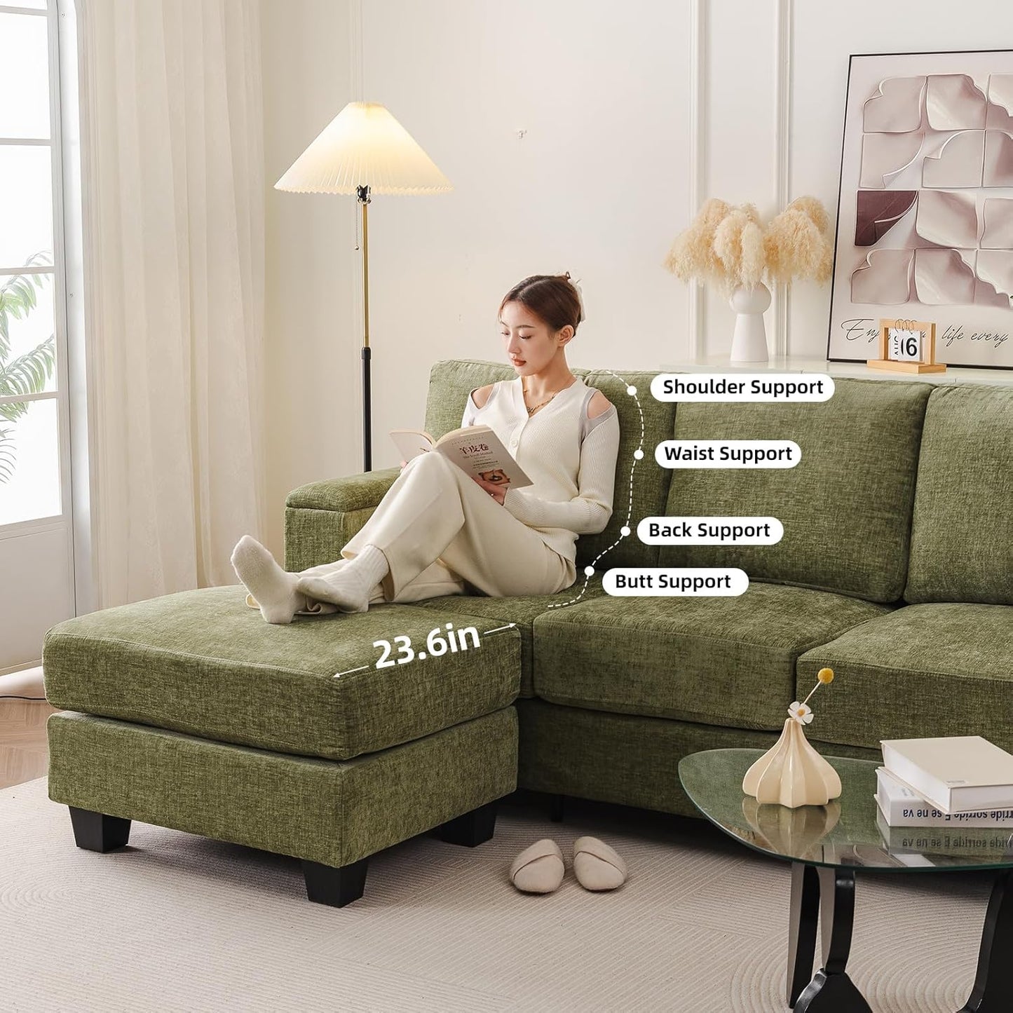 85'' L Shaped Couch with Armrest Organizer,Sectional,Movable Ottoman,Khaki | Comfy Sectional Sofa with Thick Cushion,3 Seats Sofas,Sectional Couches for Living Room,Bedroom,Apartment,Chenille