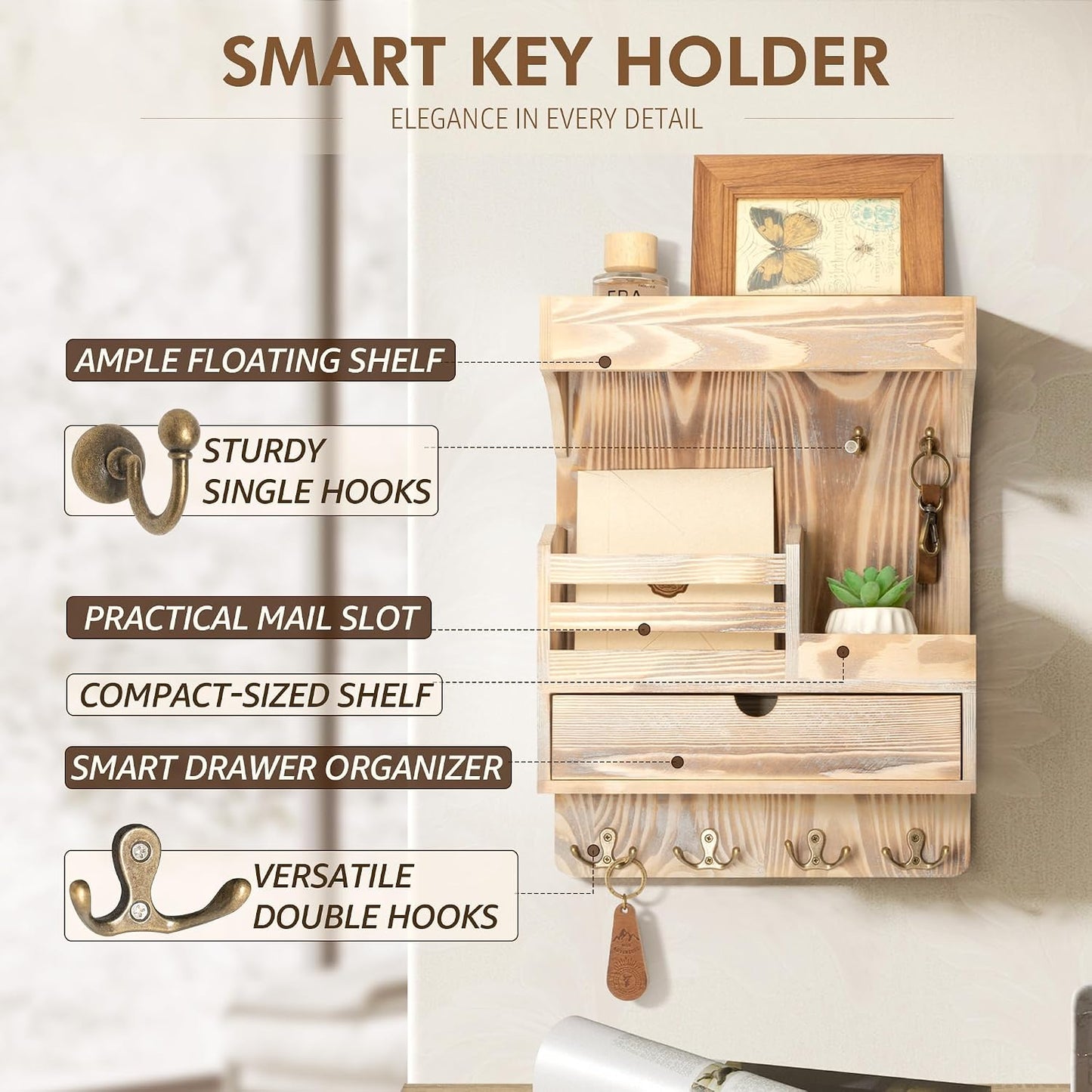 Rebee Vision Key Holder Wall Mount with Drawer Organizer for Entryway,Brown | Pine Wood, 6 Key Hooks, Display Shelf for Plants, Mail Slot for Storage Letter, Multi-Funtional Design, Home Storage