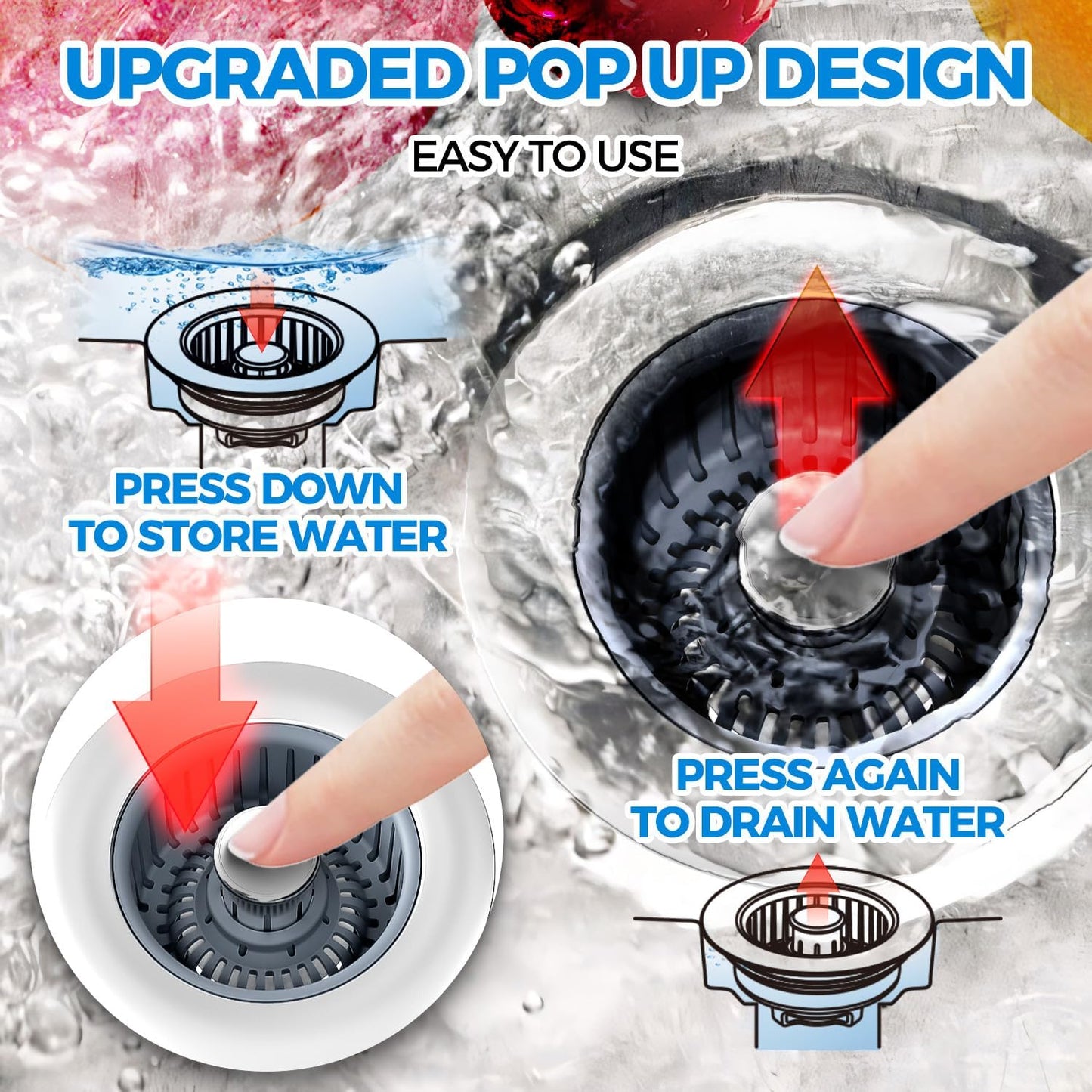 3 in 1 Kitchen Sink Drain Strainer Stopper Removable Basket Pop-Up | Kitchen Sink Food Strainer 1 Pack Silver Stainless - Food Catcher, Odor-Block Seal, Fits 3.5" Drain, Easy Clean