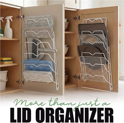 Evelots 6 Pot Lid Organizer for Cabinet Door or Pantry Wall - Closet Door Pots and Pans Lids Holder - Glass or Metal Pan Covers Cabinet Organizer Kitchen Storage - White 6 Tier Lid Rack