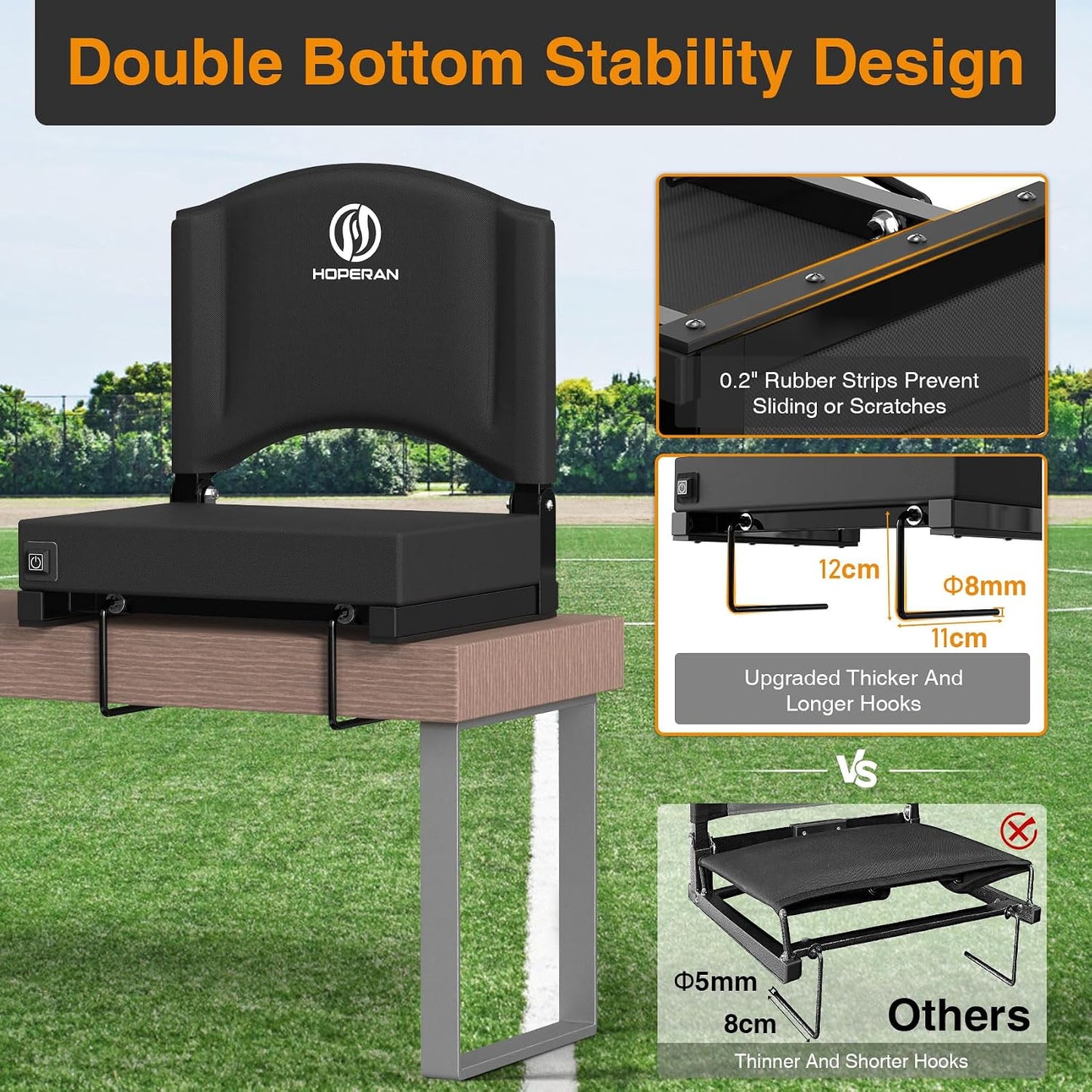 HOPERAN Heated Stadium Seats for Bleachers with Back Support, 3 Levels Heating Bleacher Chairs with Back and Cushion, Folding Bleacher Seat, Lightweight Portable Stadium Chair with Shoulder Strap