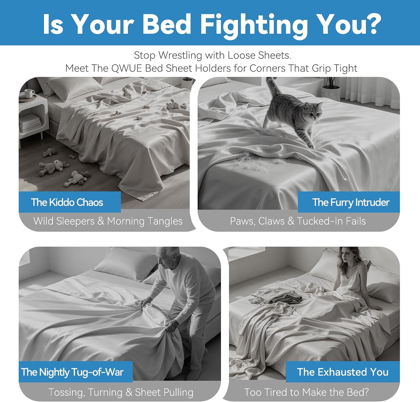 Bed Sheet Holders - Sheet Holder for Corners & Sides, 4Pcs Bed Sheet Holders for Heavy Duty Sheet Clips Fitted Universal Bed, Strong Elastic Sheet Straps & Grippers Lock Keep Sheets Tight