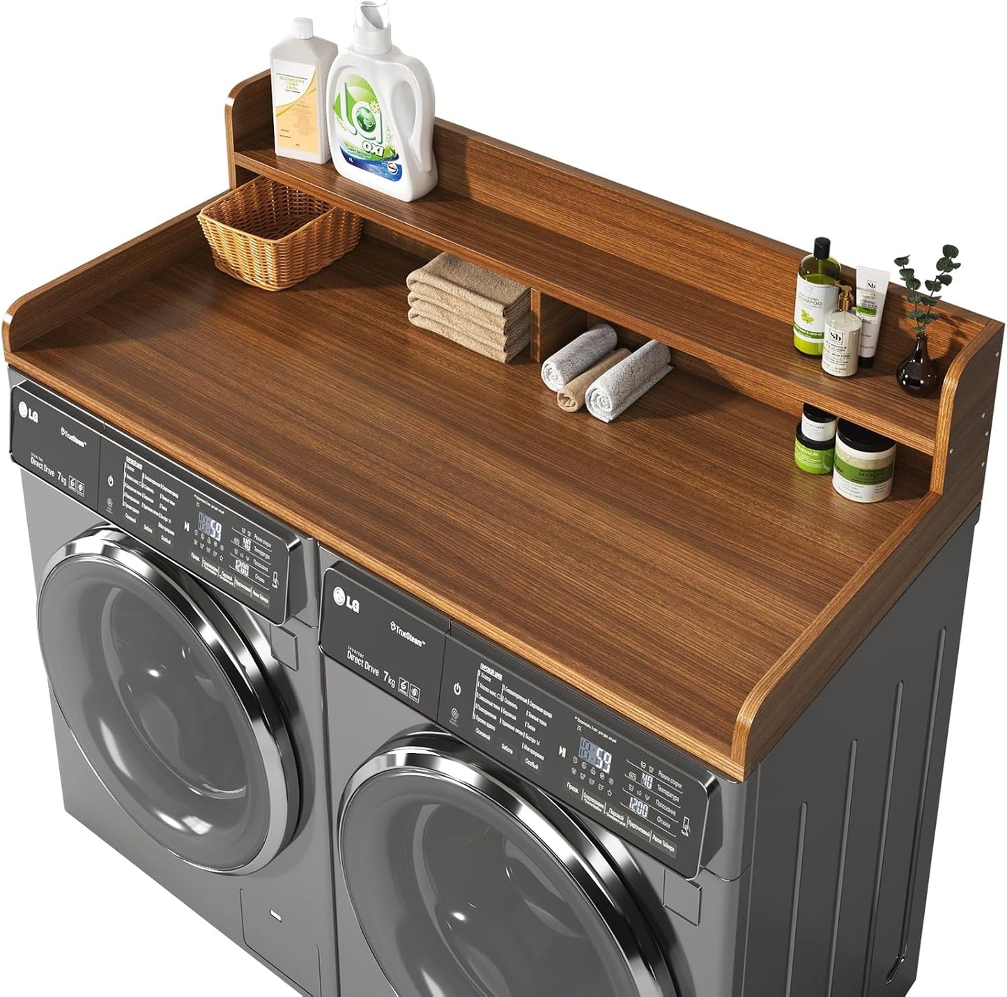 2-Tier Washer and Dryer Countertop with 2.75" H Guard,54" W x 27.5" D Laundry Countertop Cover with Non-Slip Pad,Large Space Laundry Topper for Folding Clothes Over Washer and Dryer-White