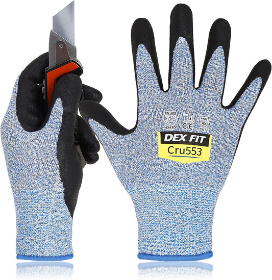 DEX FIT Level 5 Cut Resistant Gloves Cru553, 3D-Comfort Fit, Firm Grip, Thin & Lightweight, Touch-Screen Compatible, Durable, Breathable & Cool, Machine Washable; Grey L (9) 1 Pair