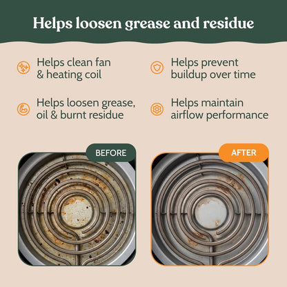 Roobi Air Fryer Cleaner, 6 Powder Sachets + Brush | Deep Cleans Drawer, Basket & Grill Without Scrubbing, Coating-Safe, Food-Contact Safe, Organic