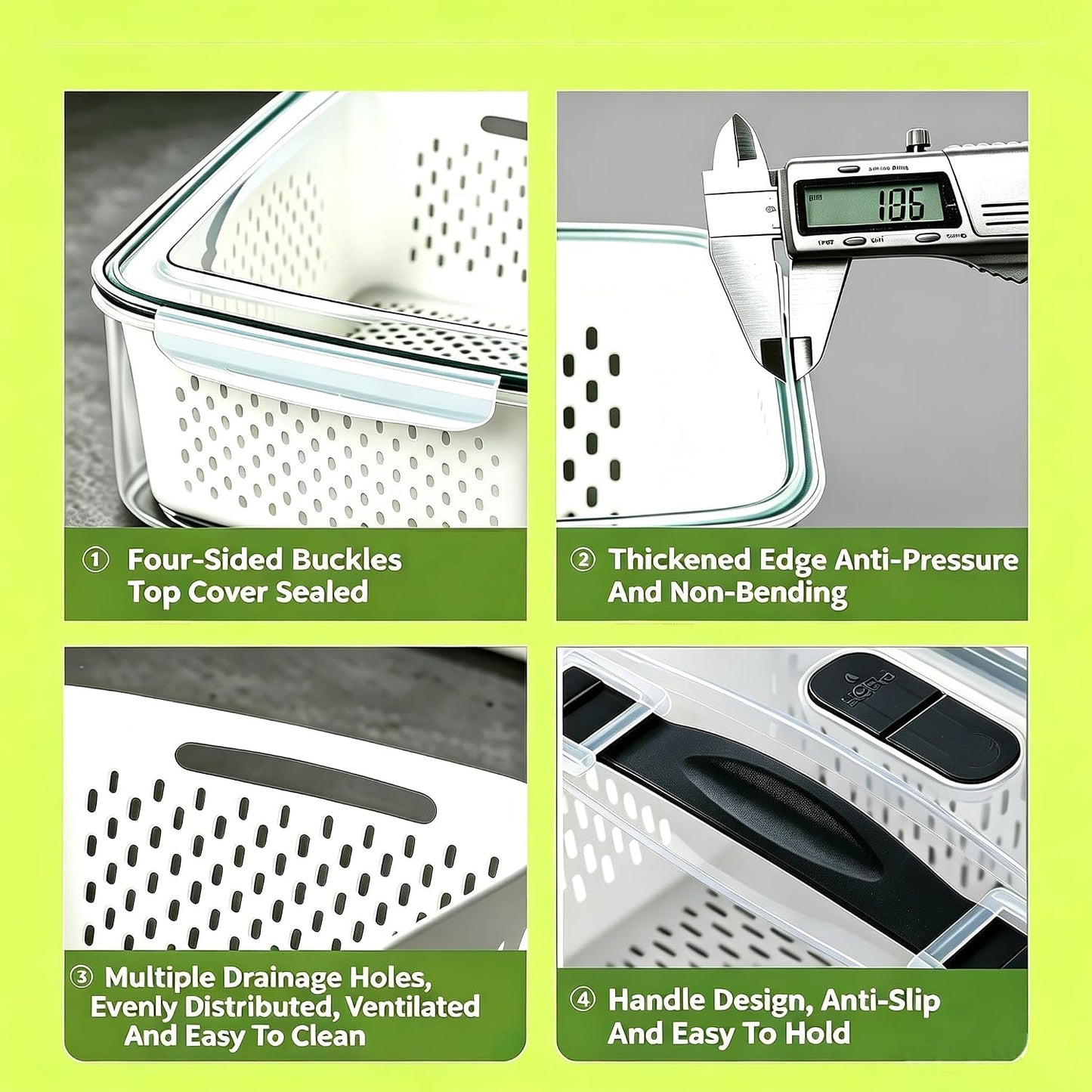 4 PCS Fruit Storage Containers for Fridge,Leakproof Produce Containers | Saver For Fridge with Removable Colander &Vent Lids,Microwave/Dishwasher Safe,Keeps Berries,Lettuce & Salad Fresh