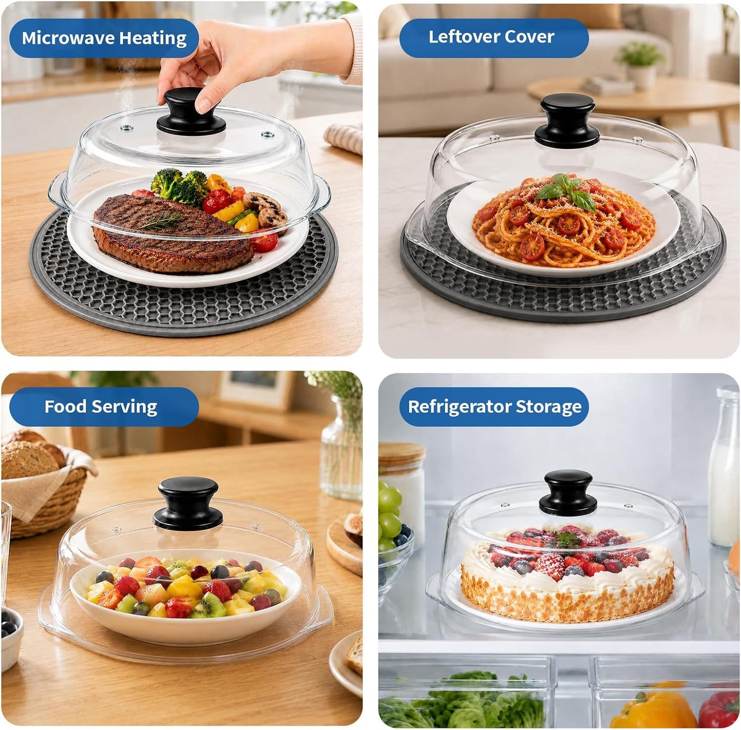 Glass Microwave Cover for Food, Tall Microwave Splatter Cover with Silicone Mat, Vent Holes, BPA Free, Dishwasher Safe, 10 Inch, High Borosilicate Glass Plate Lid with Side Tabs