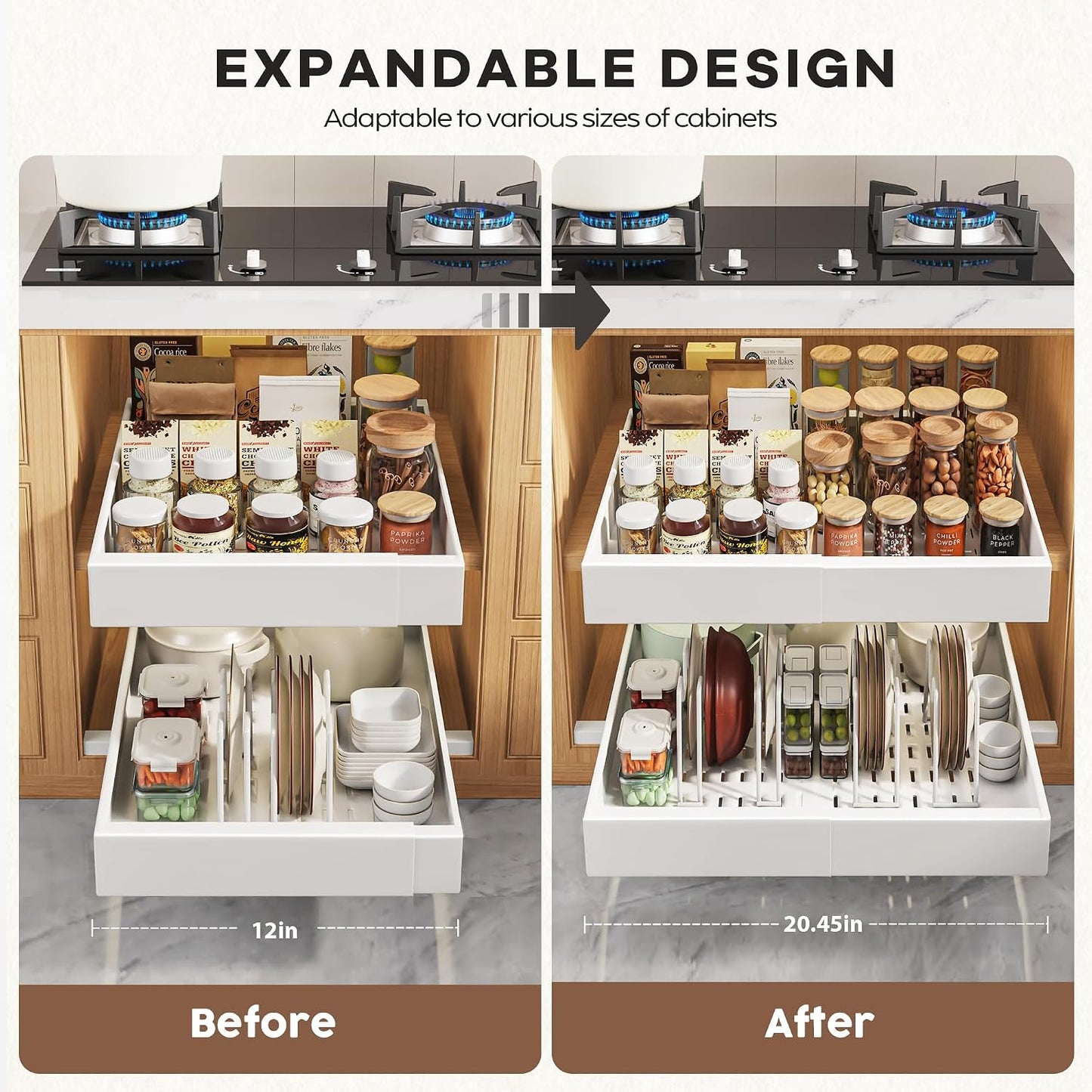 Seinloes 2 Pack Pull Out Cabinet Organizers 21"Deep with Raising Pad for Framed Cabinets,Expandable Slide Out Drawers Upgrade 3 Slide Rails,Roll Out Shelves Adhesive,Adjustable Width 12"-20.45" White