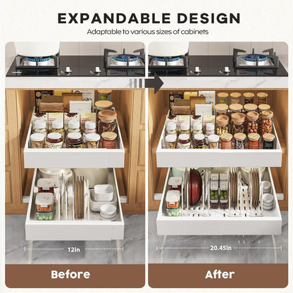 Seinloes 2 Pack Pull Out Cabinet Organizers 21"Deep with Raising Pad for Framed Cabinets,Expandable Slide Out Drawers Upgrade 3 Slide Rails,Roll Out Shelves Adhesive,Adjustable Width 12"-20.45" White