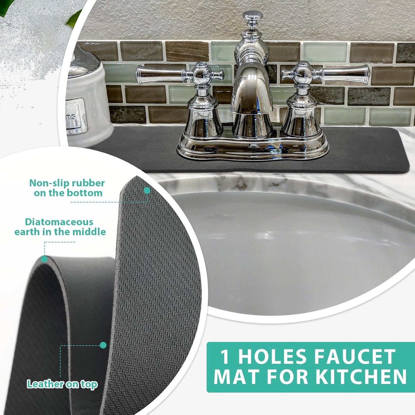 Tioncy 2 Pcs Faucet Mat Sink Splash Guard Oval-hole Oval Splash Pad for Kitchen Sink Oval Base Diatomite Faucet Mat for Bathroom Absorbent Mat Splatter Screens(Dark Gray)