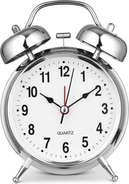 Bernhard Products Analog Alarm Clock 4" Twin Bell Vintage Navy Blue Silent Non-Ticking Quartz Battery Operated Extra Loud with Backlight for Bedside Table Desk, Retro Old Fashioned for Heavy Sleepers