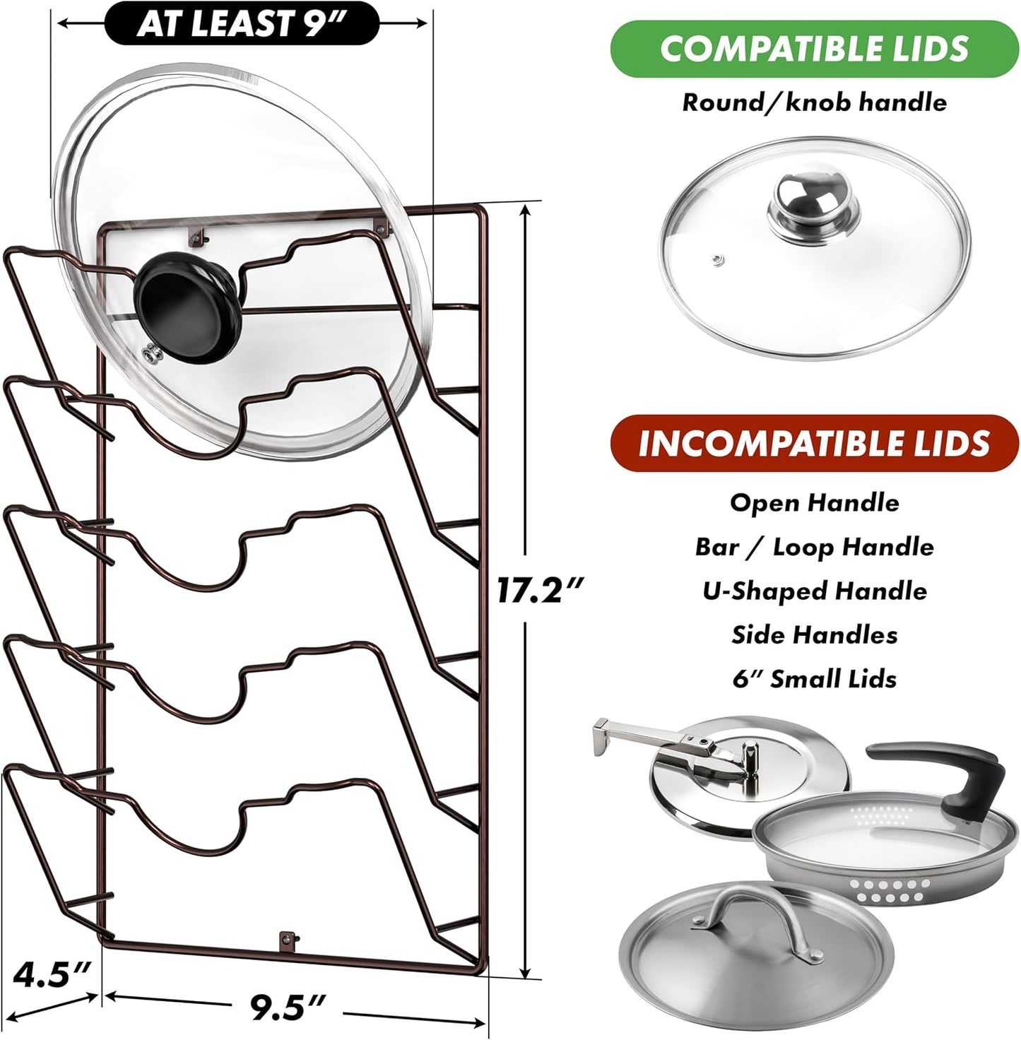 Simple Houseware Wall Door Mounted Pot Lid Rack Organizer, Chrome Finish | 9.5" W x 4.5" D x 17.2" H Shelf