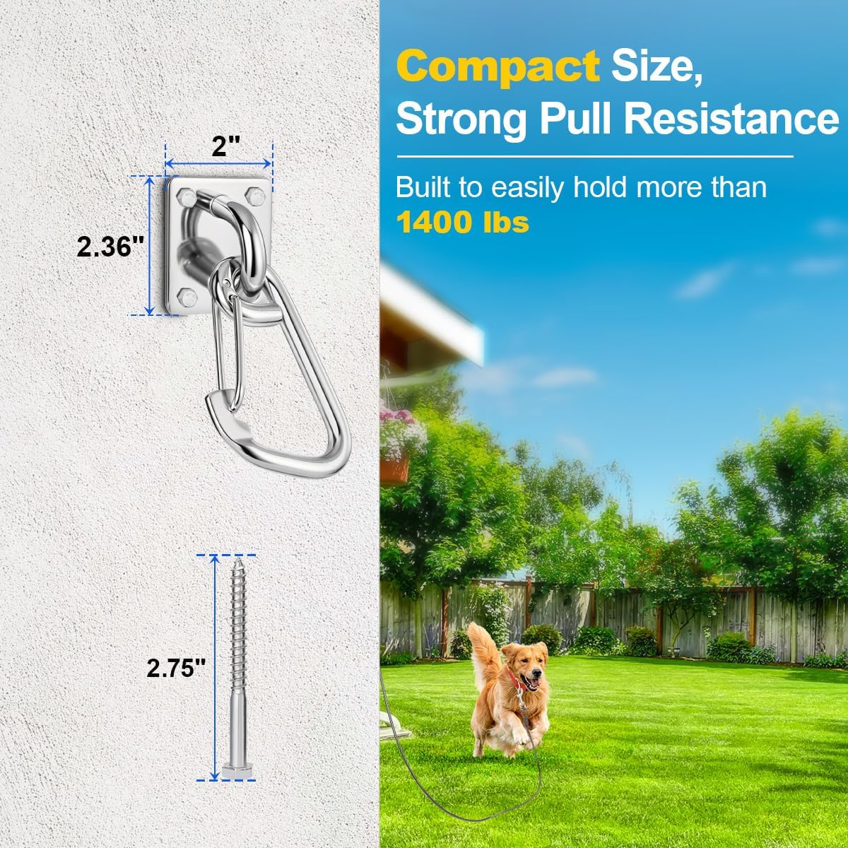 Dog Leash Holder for Wall with Tie Out Cable, 304 Stainless Steel Heavy Duty Hook with Anti-Escape Design, Indoor & Outdoor Pet Leash Anchor for Small and Medium-Sized Dogs, 1 Pack