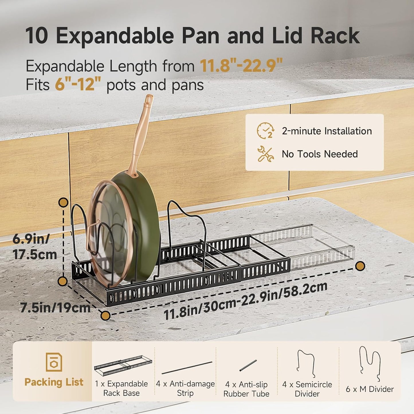 MUDEELA Pot Lid Organizer for Cabinet, Adjustable Baking Pan Rack 7 Slots | 7 Adjustable Divider, Tool-Free Assembly,Non-Slip, Scratch-Proof, Sturdy Metal Frame, For Pan Lid Cutting Board Bakeware