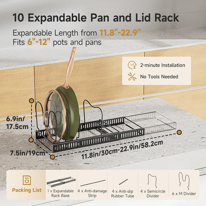 MUDEELA Pot Lid Organizer for Cabinet, Adjustable Baking Pan Rack 7 Slots | 7 Adjustable Divider, Tool-Free Assembly,Non-Slip, Scratch-Proof, Sturdy Metal Frame, For Pan Lid Cutting Board Bakeware