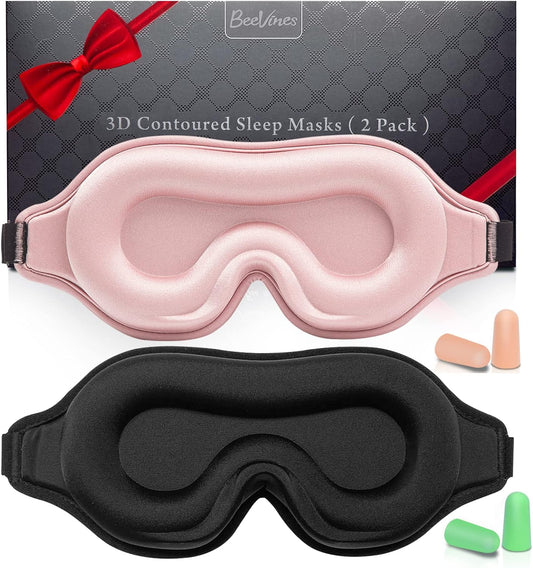 BeeVines Sleep Mask, 2 Pack 3D Contoured Sleeping Eye Masks for Lash Extensions, Night Molded Covers with Adjustable Strap, Memory Foam Eye Shade for Traveling Yoga Nap(Black & Grey)