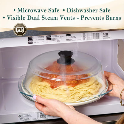 Le'raze 10inch Glass Microwave Splatter Cover for Food - 100% Food Grade BPA & Lead Free - Dishwasher Safe - Cookware & Bakeware Serving Dish Plate Mess Guard Lid with Easy Grip Silicone Handle Knob