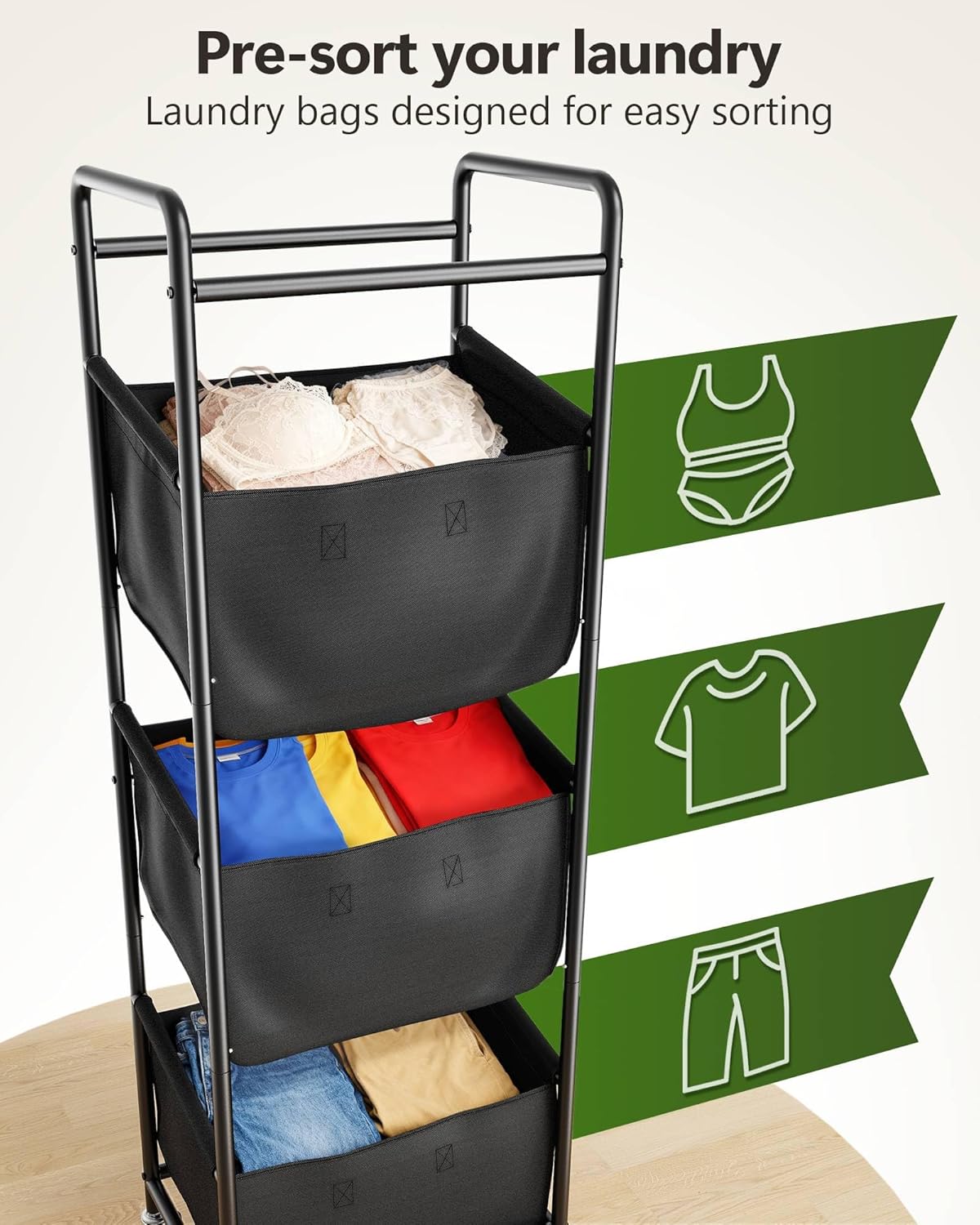 3 Section Laundry Sorter with Removable Bags, 120L Rolling Vertical Laundry Hamper, Stackable Laundry Baskets organizer for Bathroom, Apartment, Dorm (Beige, With Wheel)