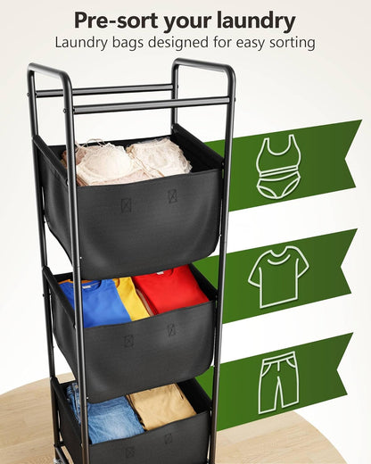 3 Section Laundry Sorter with Removable Bags, 120L Rolling Vertical Laundry Hamper, Stackable Laundry Baskets organizer for Bathroom, Apartment, Dorm (Beige, With Wheel)