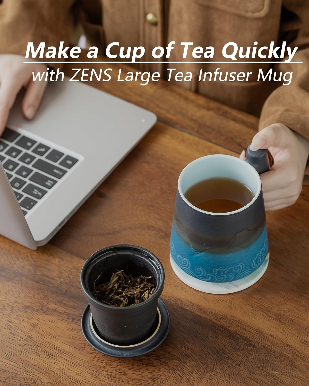 ZENS Tea Cup with Infuser and Lid & Coaster for Tea Steeper, 15oz Blue | Embossed Ceramic Tea Infuser Mug for Loose Leaf Tea Difussers, Tea Lovers Gifts, Nature Wood Handle