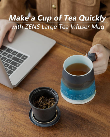 ZENS Tea Cup with Infuser and Lid & Coaster for Tea Steeper, 15oz Blue | Embossed Ceramic Tea Infuser Mug for Loose Leaf Tea Difussers, Tea Lovers Gifts, Nature Wood Handle