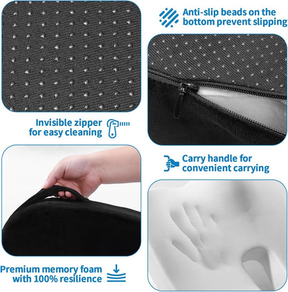 Memory Foam Seat Cushion for Office Chair & Car - Ergonomic Tailbone & Sciatica Pain Relief Pad - Non-Slip Desk Chair Cushion for Long Sitting, Breathable Mesh Pad for Posture Support (Black)
