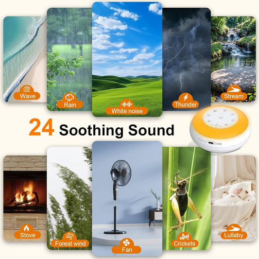 Portable White Noise Sound Machine for Baby, Kids, Adults Sleep - 24 Soothing Natural Sounds, 7 Color Night Light, Portable Wireless Bluetooth Pillow Speaker for Home, Travel, Nursery, Office