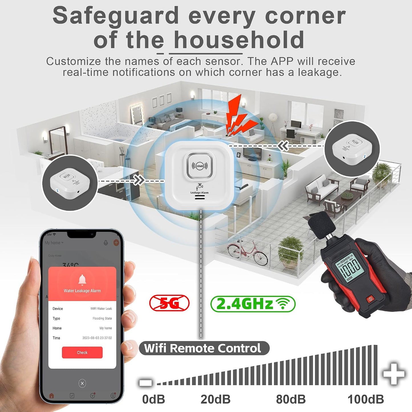 WiFi Water Leak Detectors 100dB Smart Water Sensor Alarm with 3.22 ft Sensor Cable Triple Detection Mode, with App Remote Monitor, Wireless Tank Level Monitor for Basement, Kitchen, Bathroom (3pack)