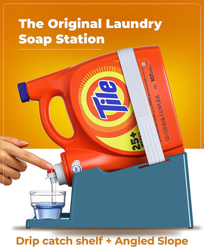 Liquid Laundry Detergent Holder Stand with Drip Tray - 1 Pack - White | Easy Pouring, Rubber Feet, Secure Strap, Angled Stand, Fabric Softener Dispenser for Laundry Room Organization & Storage