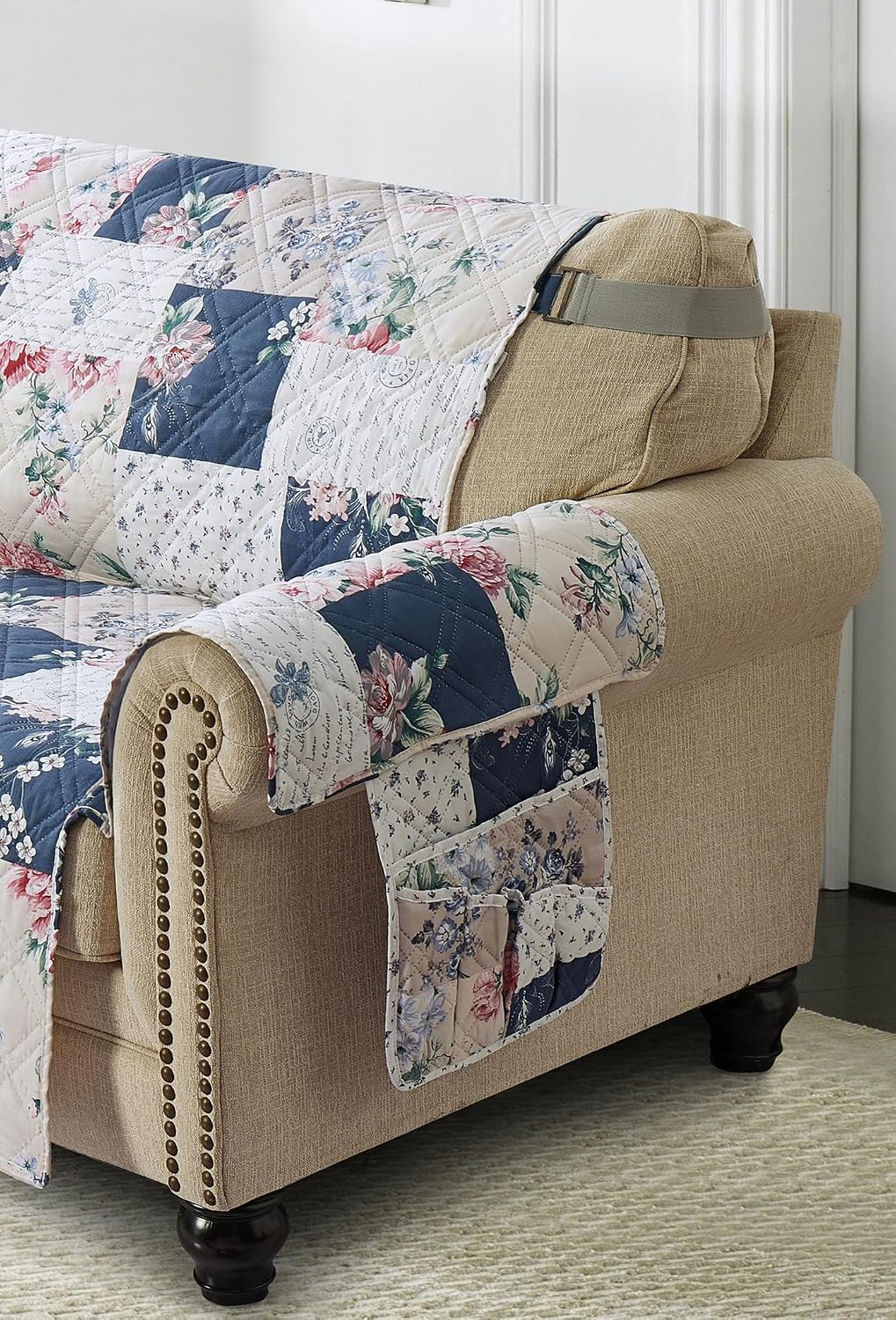 Brilliant Sunshine Burgundy Toile Floral Couch Armrest Cover, 35"×13" | Washable Magazine Holder, Armrest Organizer & Caddy on Sofa, Recliner, Armchair, Storage for Remote Controls, Phone, iPad