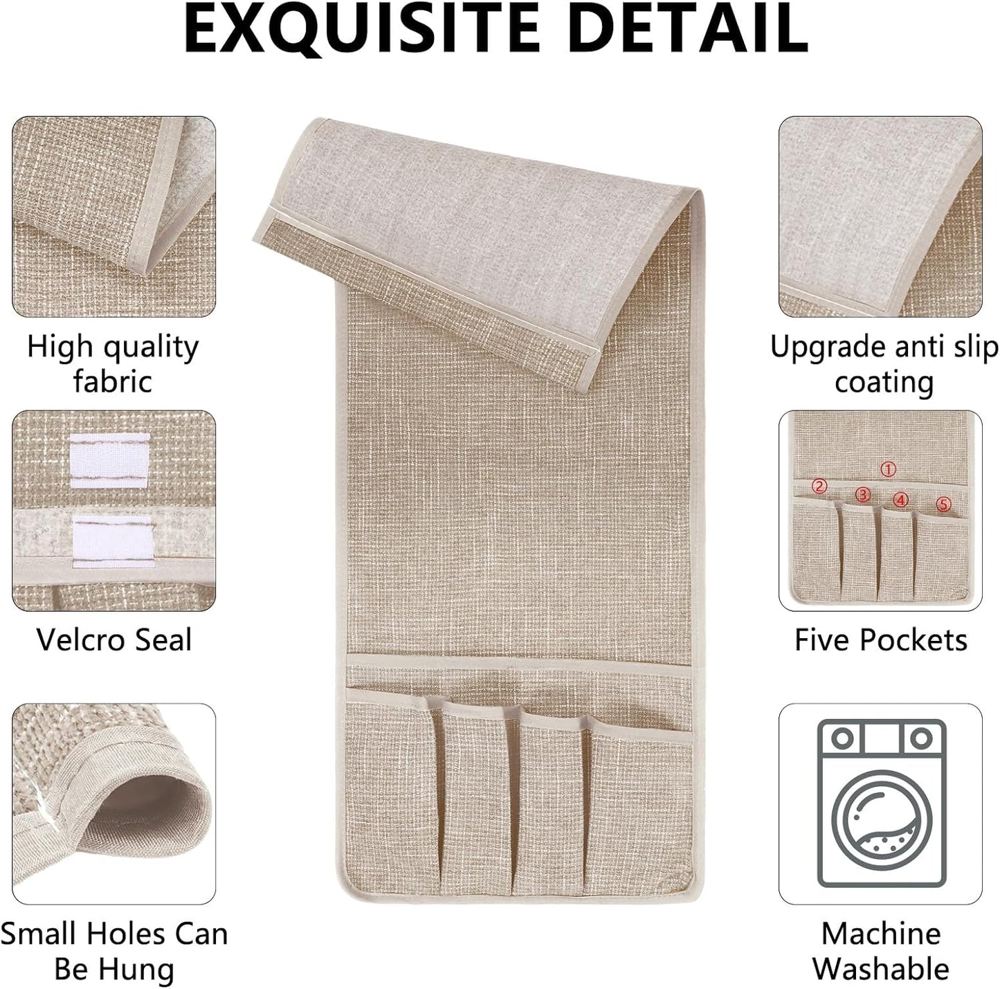 Remote Control Holder, Anti Slip Armchair Caddy Couch Caddy with 5 Pockets | Remote Holder Couch Caddy with 5 Pockets for Storage Accessories Bedside Organizer Senior Gifts (Beige,35''x12.4'')