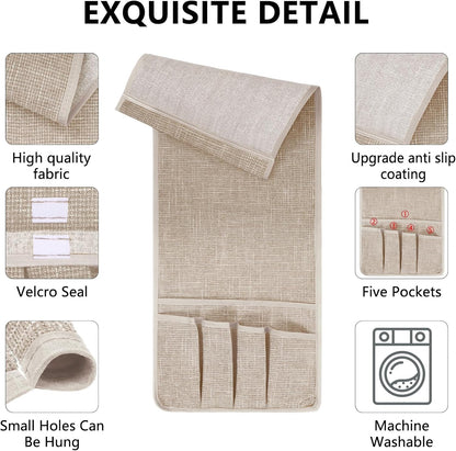 Remote Control Holder, Anti Slip Armchair Caddy Couch Caddy with 5 Pockets | Remote Holder Couch Caddy with 5 Pockets for Storage Accessories Bedside Organizer Senior Gifts (Beige,35''x12.4'')