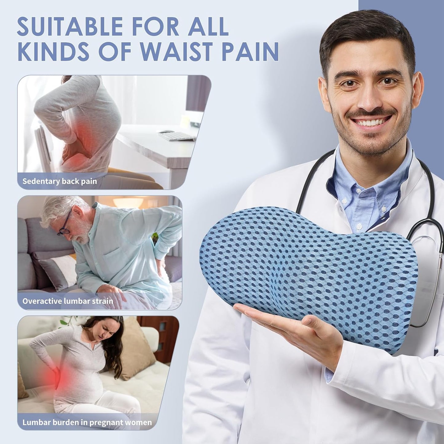 kasney Lumbar Support Pillow for Office Chair, Back Support Pillow, Gray | Memory Foam Lumbar Pillow for Low Back Pain Relief, Ergonomic Streamline Car Seat, Office Chair, Recliner and Bed